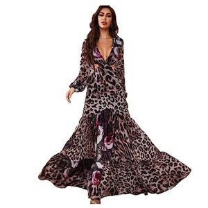 Giffniseti Women's Sexy Leopard Print Long Sleeve Ruffle Hem Maxi Dress